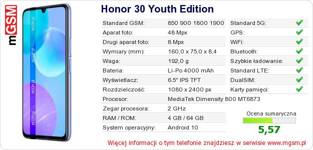 Dane telefonu Honor 30 Youth Edition Dane telefonu Honor 30 Youth Edition