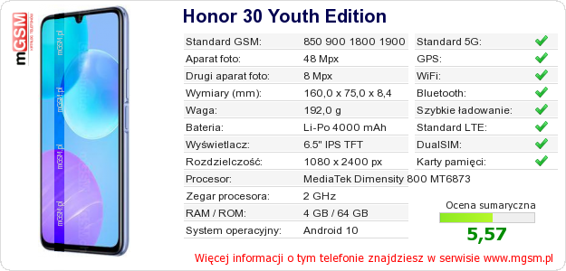 Dane telefonu Honor 30 Youth Edition Dane telefonu Honor 30 Youth Edition