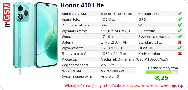Dane telefonu Honor 400 Lite Dane telefonu Honor 400 Lite