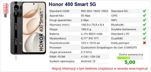 Dane telefonu Honor 400 Smart 5G
