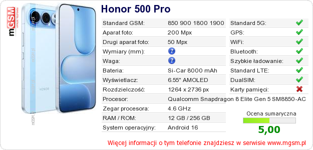Dane telefonu Honor 500 Pro Dane telefonu Honor 500 Pro