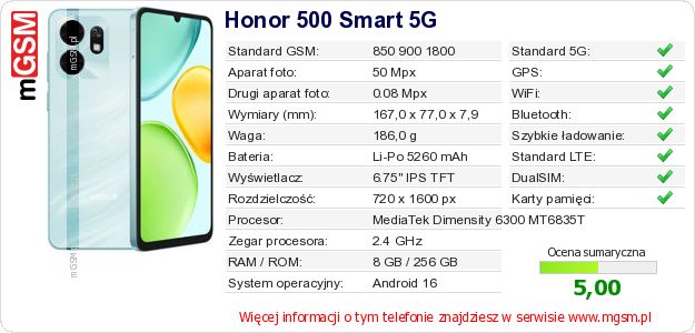 Dane telefonu Honor 500 Smart 5G Dane telefonu Honor 500 Smart 5G