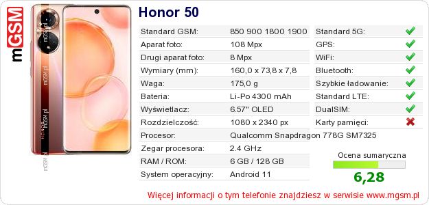 Dane telefonu Honor 50