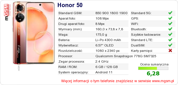 Dane telefonu Honor 50