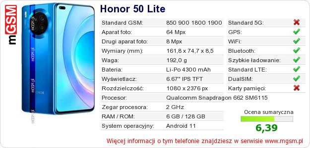 Dane telefonu Honor 50 Lite