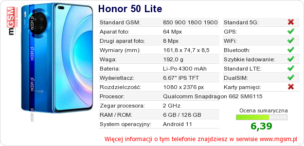 Dane telefonu Honor 50 Lite