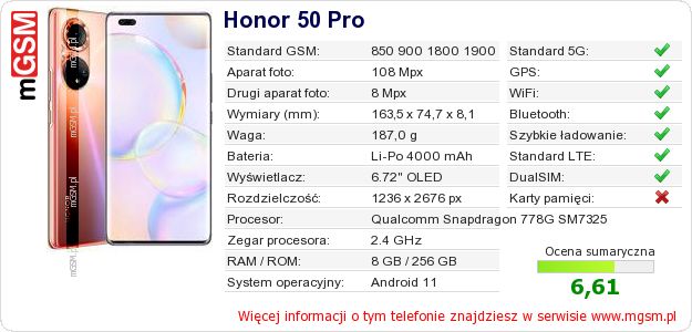 Dane telefonu Honor 50 Pro Dane telefonu Honor 50 Pro