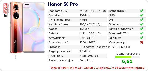 Dane telefonu Honor 50 Pro