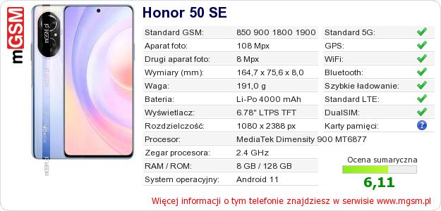 Dane telefonu Honor 50 SE Dane telefonu Honor 50 SE