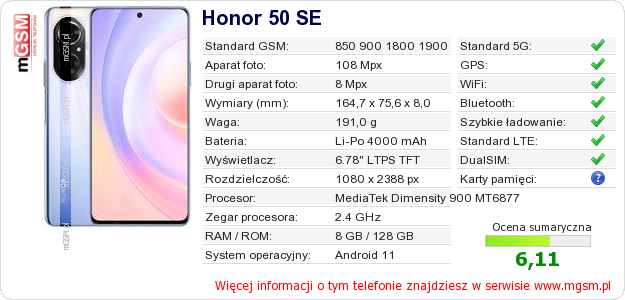 Dane telefonu Honor 50 SE