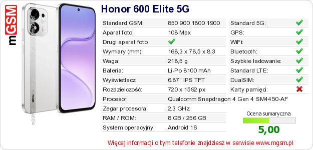 Dane telefonu Honor 600 Elite 5G Dane telefonu Honor 600 Elite 5G