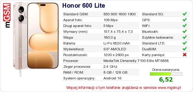 Dane telefonu Honor 600 Lite Dane telefonu Honor 600 Lite