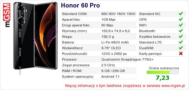 Dane telefonu Honor 60 Pro