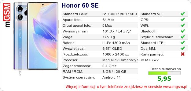 Dane telefonu Honor 60 SE Dane telefonu Honor 60 SE