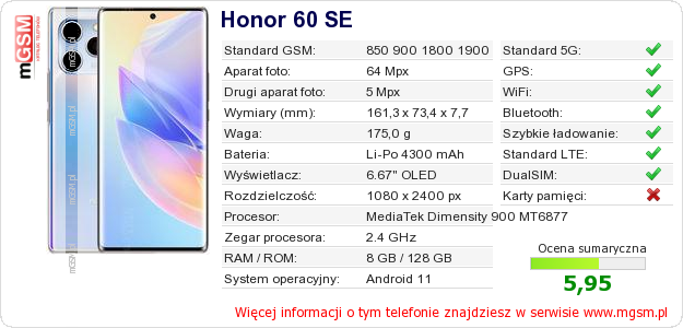 Dane telefonu Honor 60 SE