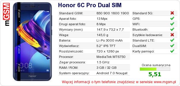 Dane telefonu Honor 6C Pro Dual SIM Dane telefonu Honor 6C Pro Dual SIM