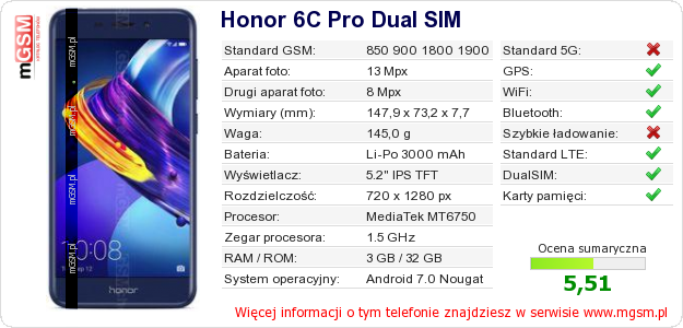 Dane telefonu Honor 6C Pro Dual SIM