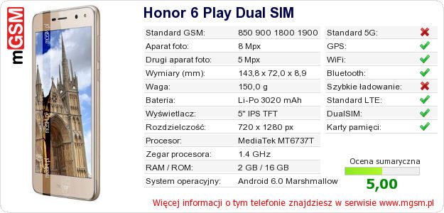 Dane telefonu Honor 6 Play Dual SIM