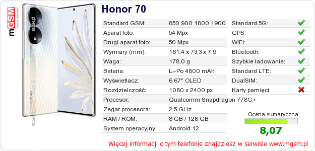 Dane telefonu Honor 70