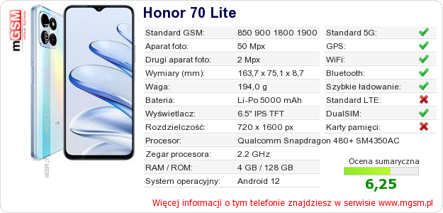 Dane telefonu Honor 70 Lite