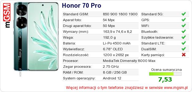 Dane telefonu Honor 70 Pro Dane telefonu Honor 70 Pro