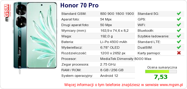 Dane telefonu Honor 70 Pro
