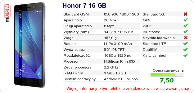 Dane telefonu Honor 7 16 GB