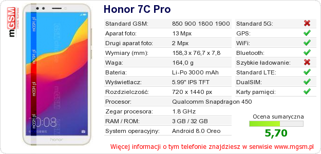 Dane telefonu Honor 7C Pro