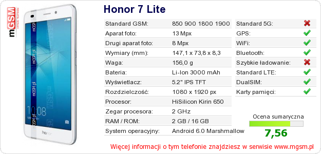 Dane telefonu Honor 7 Lite