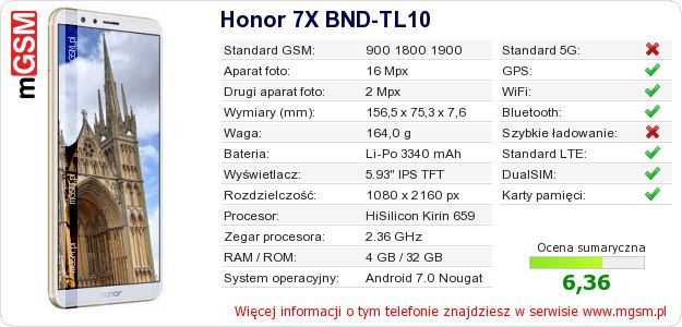 Dane telefonu Honor 7X BND-TL10 Dane telefonu Honor 7X BND-TL10
