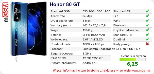 Dane telefonu Honor 80 GT