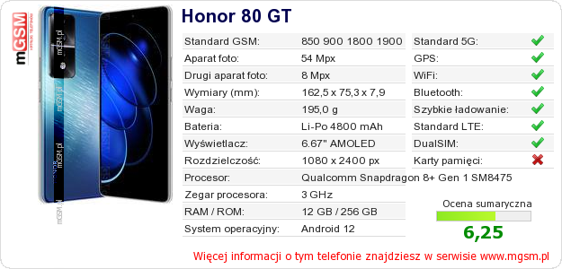 Dane telefonu Honor 80 GT
