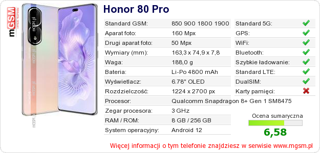 Dane telefonu Honor 80 Pro