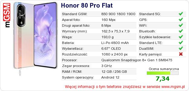 Dane telefonu Honor 80 Pro Flat