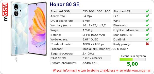 Dane telefonu Honor 80 SE Dane telefonu Honor 80 SE