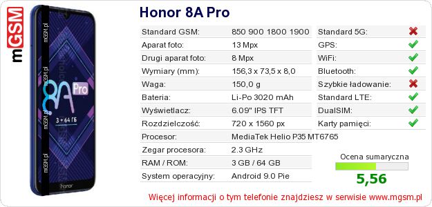 Dane telefonu Honor 8A Pro Dane telefonu Honor 8A Pro