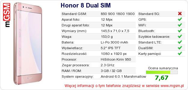 Dane telefonu Honor 8 Dual SIM