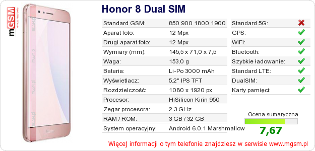 Dane telefonu Honor 8 Dual SIM