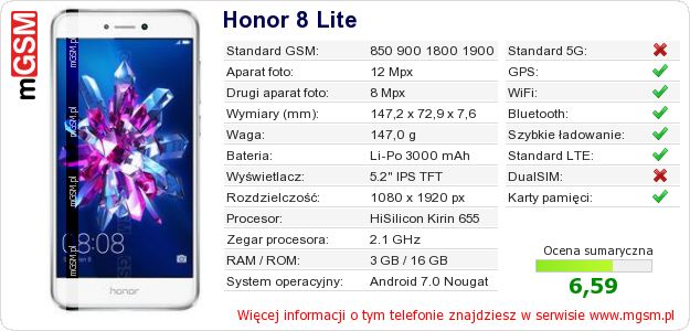 Dane telefonu Honor 8 Lite