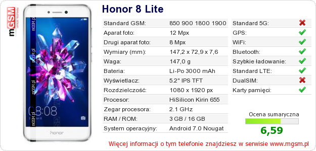 Dane telefonu Honor 8 Lite