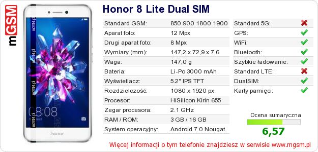 Dane telefonu Honor 8 Lite Dual SIM