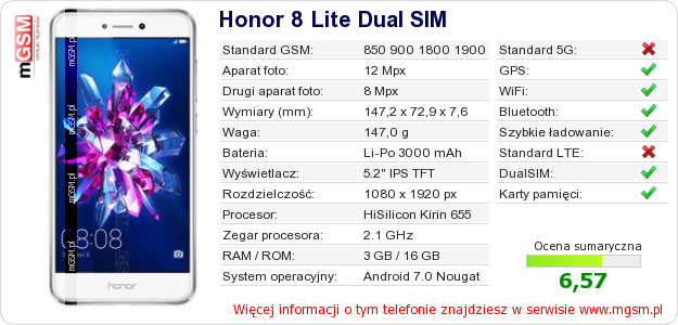 Dane telefonu Honor 8 Lite Dual SIM