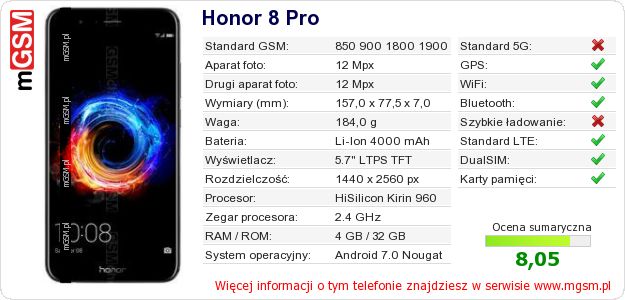 Dane telefonu Honor 8 Pro Dane telefonu Honor 8 Pro