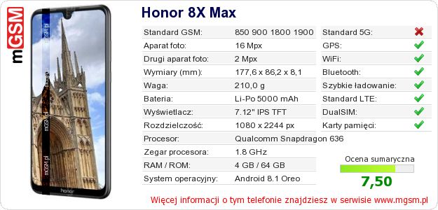 Dane telefonu Honor 8X Max Dane telefonu Honor 8X Max