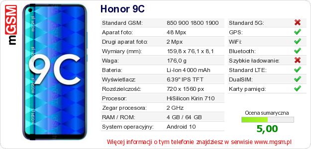 Dane telefonu Honor 9C Dane telefonu Honor 9C