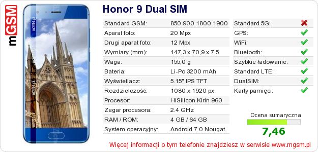 Dane telefonu Honor 9 Dual SIM