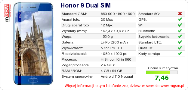 Dane telefonu Honor 9 Dual SIM