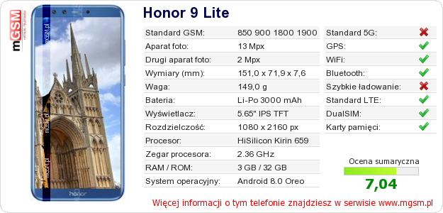 Dane telefonu Honor 9 Lite Dane telefonu Honor 9 Lite