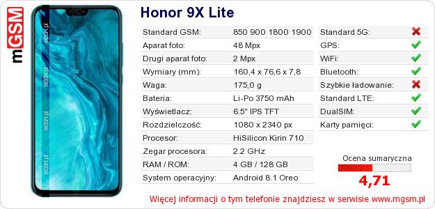 Dane telefonu Honor 9X Lite