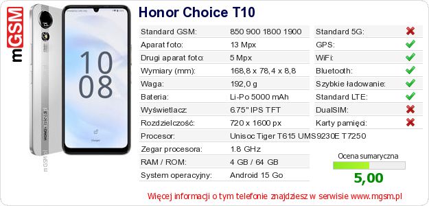 Dane telefonu Honor Choice T10 Dane telefonu Honor Choice T10